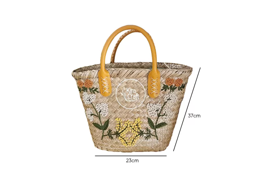 Haruna Cyperaceae Bag, Natural Material, Unique Yellow Color Tone, Exquisite Hand-Embroidered Flower Pattern, Luxurious Style