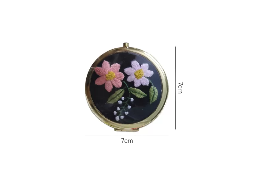 Purple Flowers Embroidered Compact Mirror, Handcrafted Product, Exquisite Hand Embroidery, Compact and Sturdy, Feminine Accent