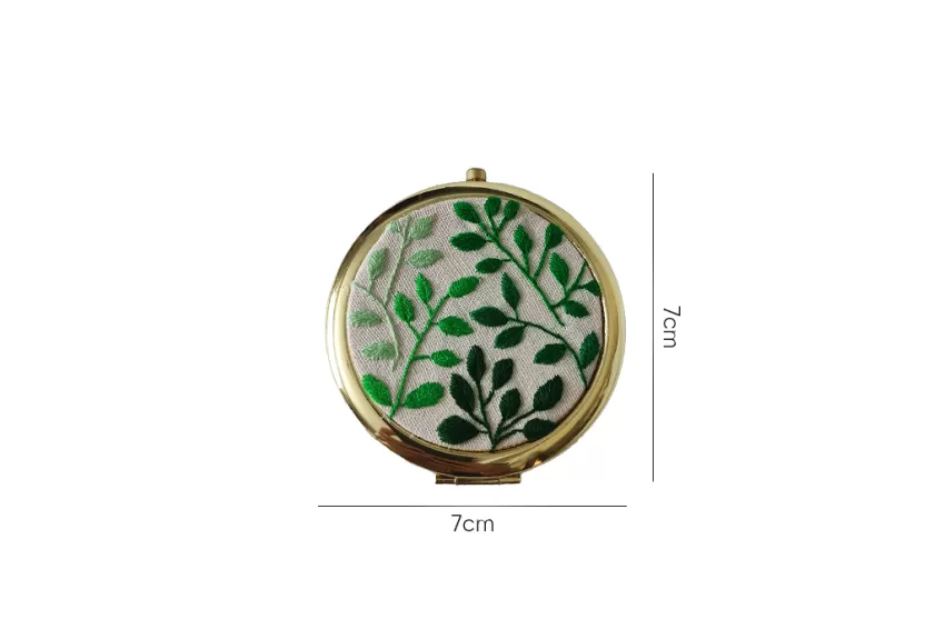 Green Leaves Embroidered Compact Mirror, Intricate Embroidery, Non-Fading Colors, Foldable, Compact, Sturdy Handheld Mirror