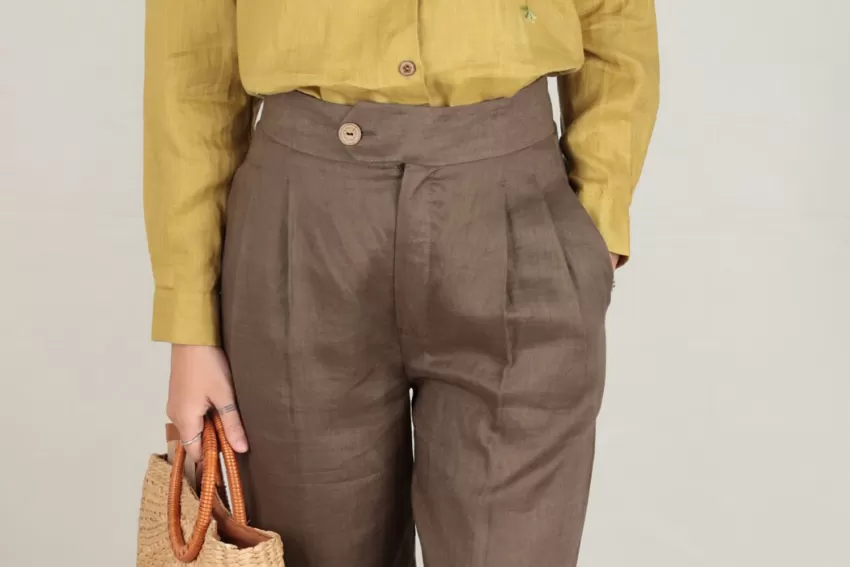 Wide Linen Trousers With Front Pleated Details