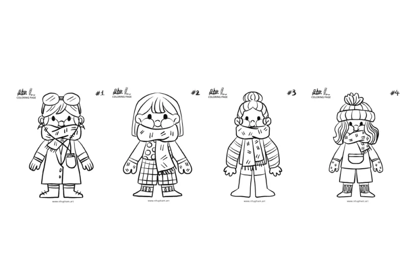 Set Of 4 DIY Autumn/Winter Paper Dolls, Including Coloring Pages