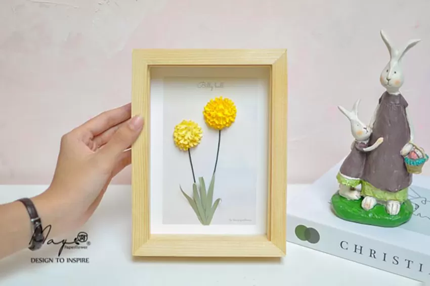 Tranh Hoa Giấy Handmade Trang Trí - Hoa Billy Ball MAYPAPERFLOWER Khung Tranh Gỗ Size 15 x 20cm, Quà Tặng Doanh Nghiệp