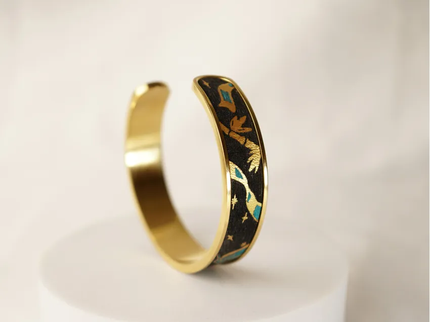 "Thi" Metal Cuff Bracelet with Hand-painted Leather, Four Arts Collection, Stainless Steel Cuff Bracelet, Vietnamese Design, Artistic Gift