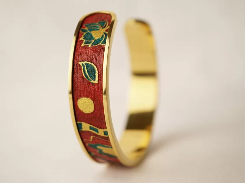 "Hoạ" Metal Cuff Bracelet with Hand-painted Leather, Four Arts Collection, Vietnamese Design, Stainless Steel Cuff Bracelet, Artistic Gift