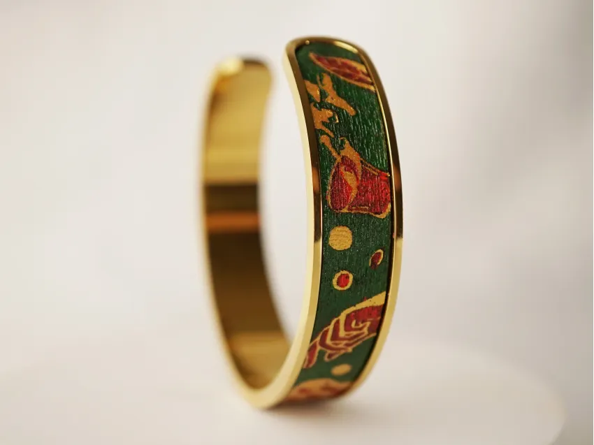 "Kỳ" Metal Cuff Bracelet with Hand-painted Leather, Four Arts Collection, Vietnamese Design, Stainless Steel Cuff Bracelet, Artistic Gift