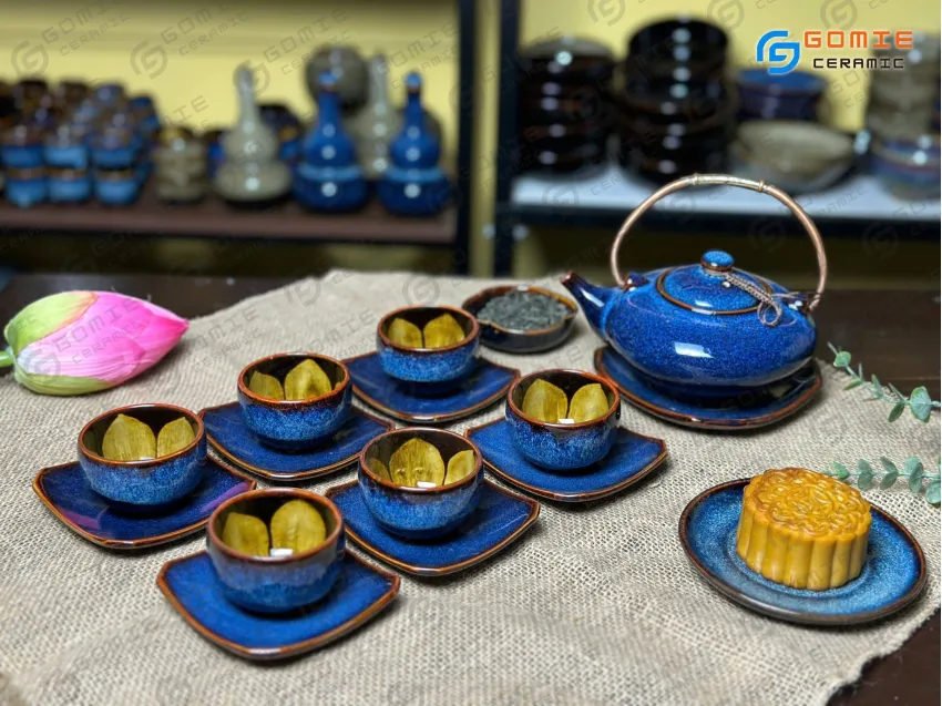 Ocean Blue Fire-Glazed Ceramic Tea Set (6 Items), Conical Hat Teapot, Bat Trang Ceramics, Flower Inner Cup, Ceramic Tea Pot, Unique Gift