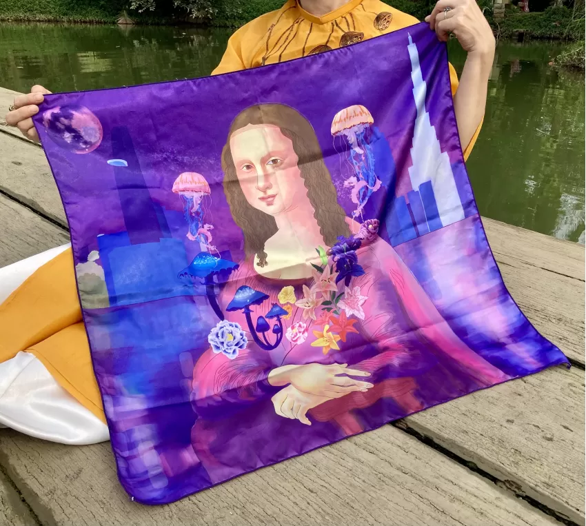 Khăn Lụa Satin Mona Lisa, Túi Tote Handmade, Họa Hình Nàng Mona Lisa, Phụ Kiện Thời Trang Sang Trọng Và Quyến Rũ