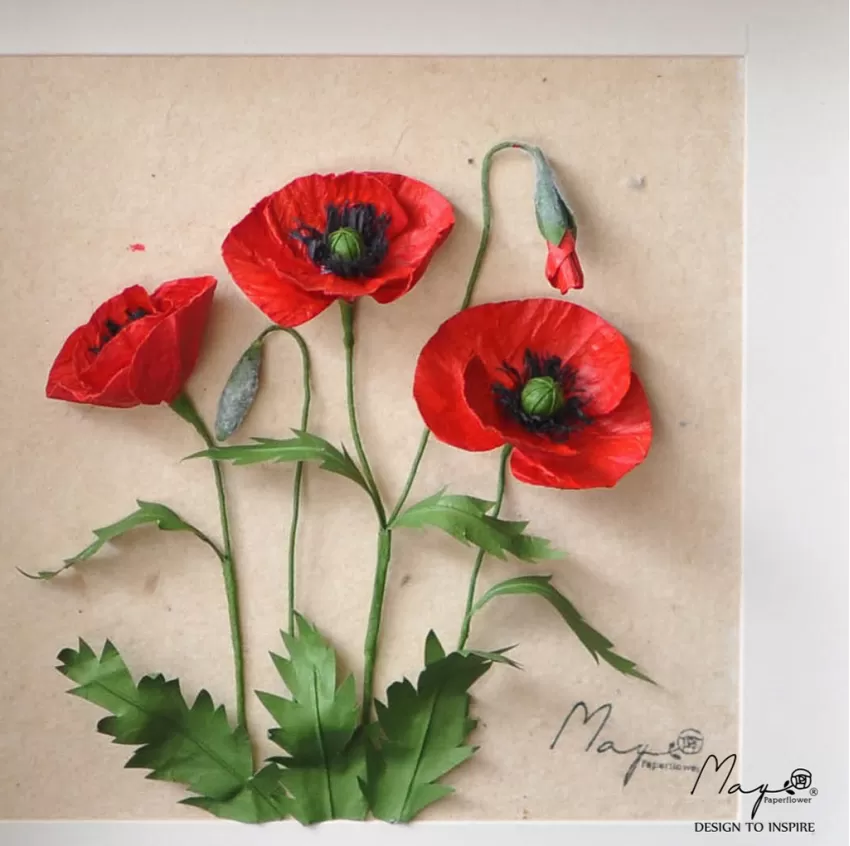 Handmade Paper Flower Painting - Poppy With Dó Paper MAYPAPERFLOWER 30x40cm Wooden Frame