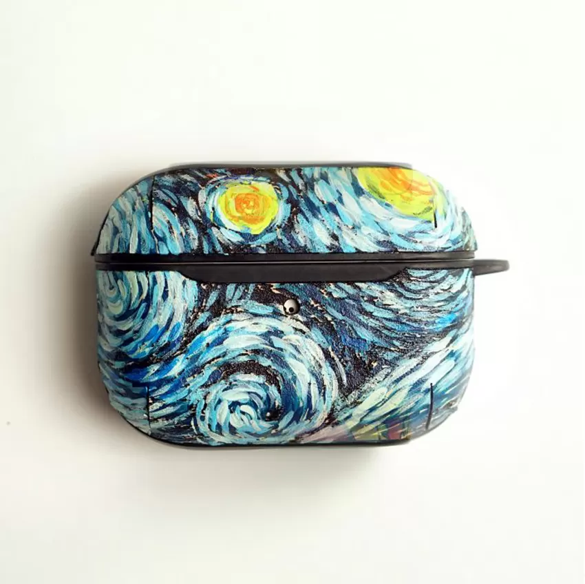 Ốp Da AirPods Thủ Công Starry Night, Phụ Kiện Nghệ Thuật, Họa Tiết Tranh Van Gogh, Phụ Kiện Da, Quà Tặng Độc Đáo, Quà Tặng Cá Nhân Hóa