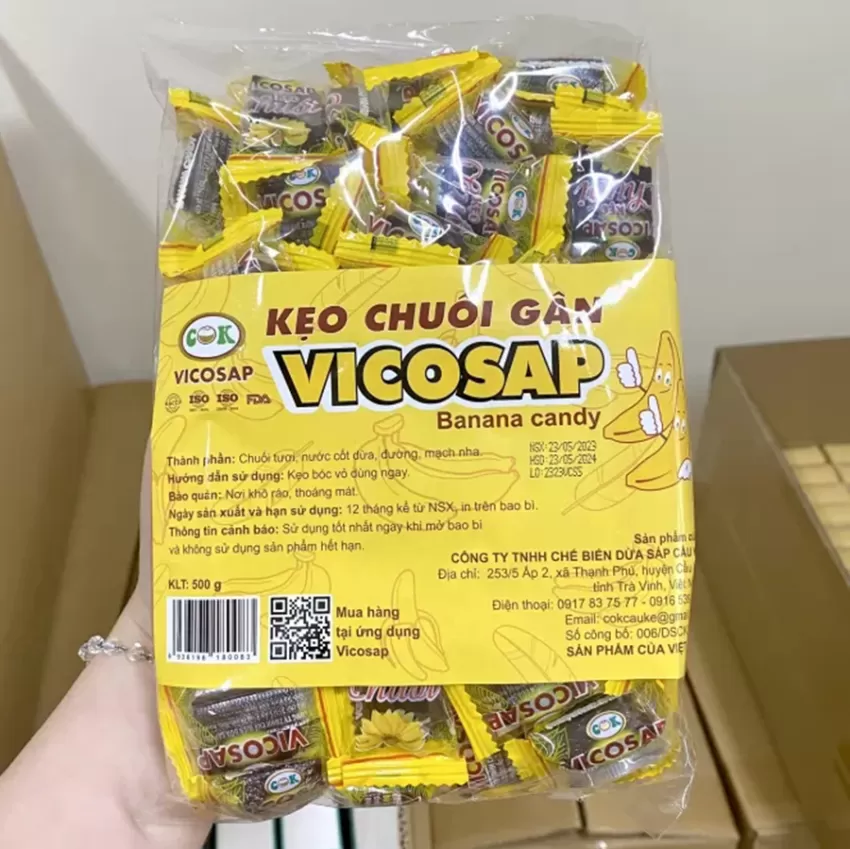 Original Banana Candy, Bag Of 500g, Whole Banana Candy, Vicosap Banana Fiber Candy 500g Bag, Tra Vinh Specialty, Chewy Fresh Banana Candy