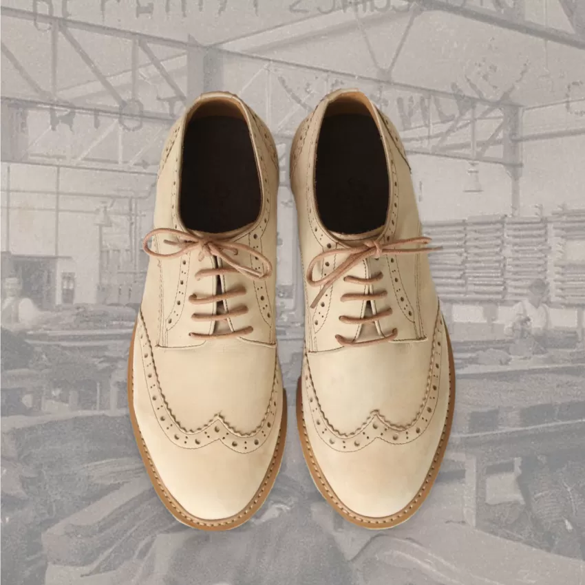 White-cream Derby Brogue Leather Shoes