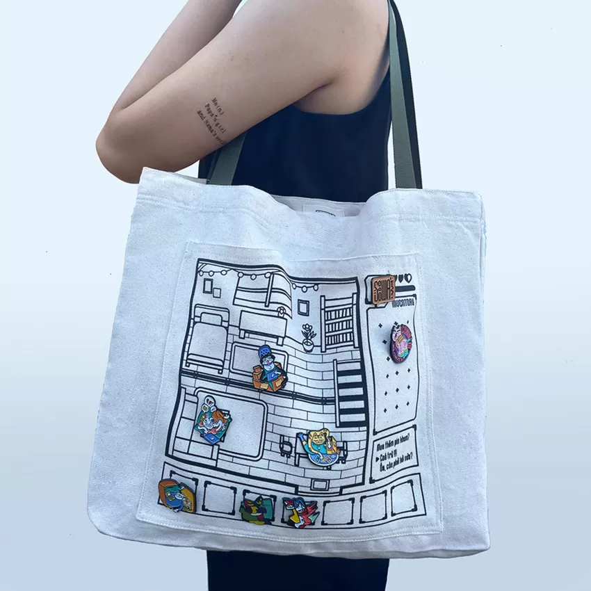 Túi Tote Linen Thiết Kế Độc Quyền, Thiết Kế Trẻ Trung, Đường May Chắc Chắn, Hoạ Tiết Độc Quyền, Chất Liệu Vải Bền Bỉ