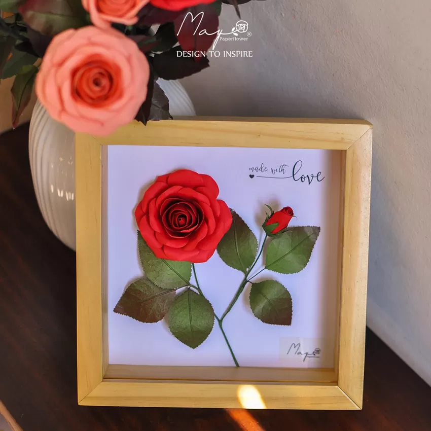 Handmade Paper Flower Painting - Mini Red Rose MAYPAPERFLOWER 30x40cm Wooden Frame